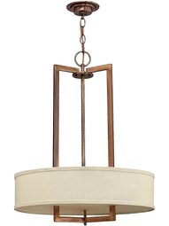 Hampton Small Chandelier With Linen Drum Shade in Brushed Bronze.